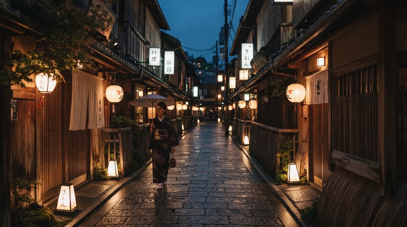 京都的石板小巷，木造老屋掛著燈籠，一個人撐著紙傘走在傍晚的巷子裡