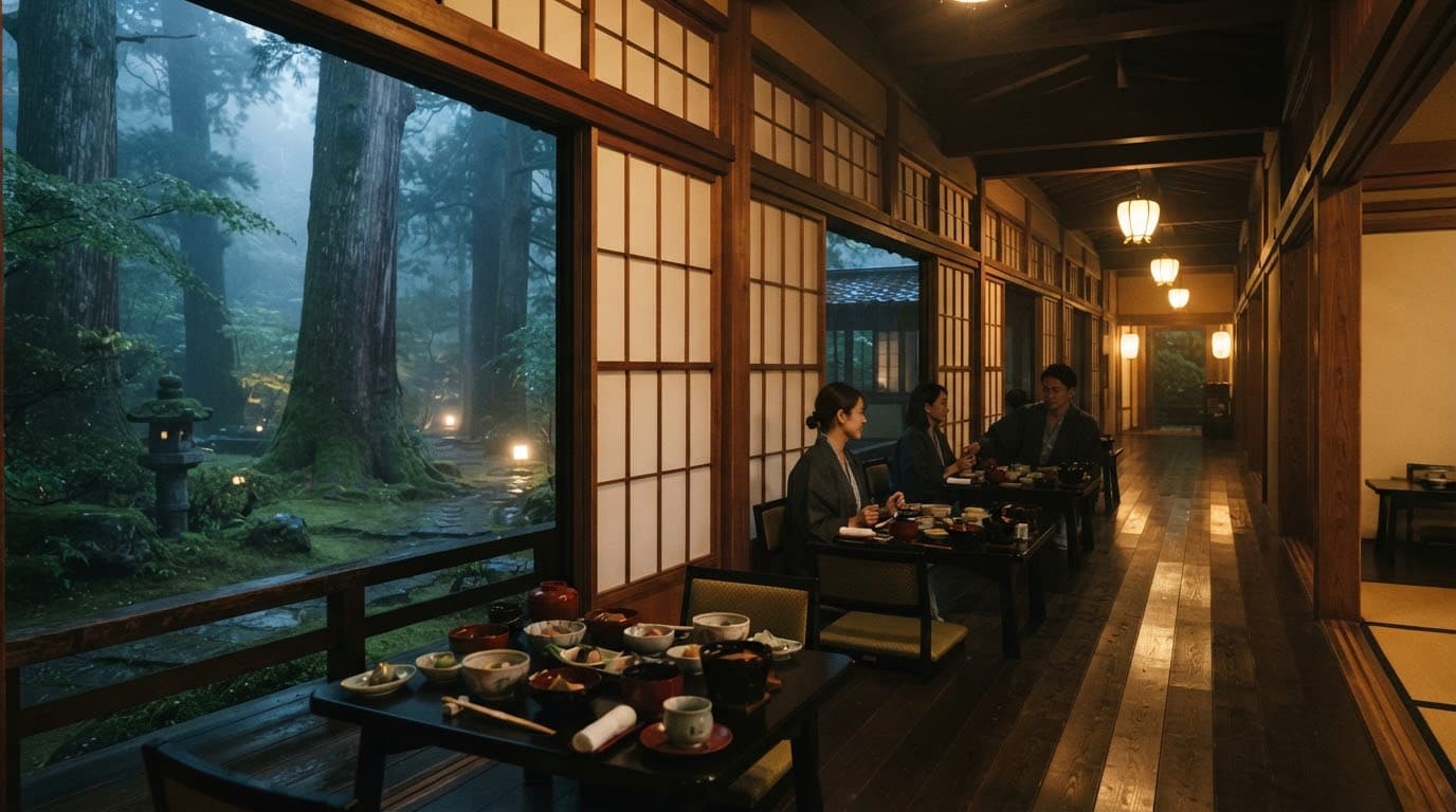 黃昏的日式旅館木廊，餐桌上擺好的晚餐，窗外是霧中的苔庭